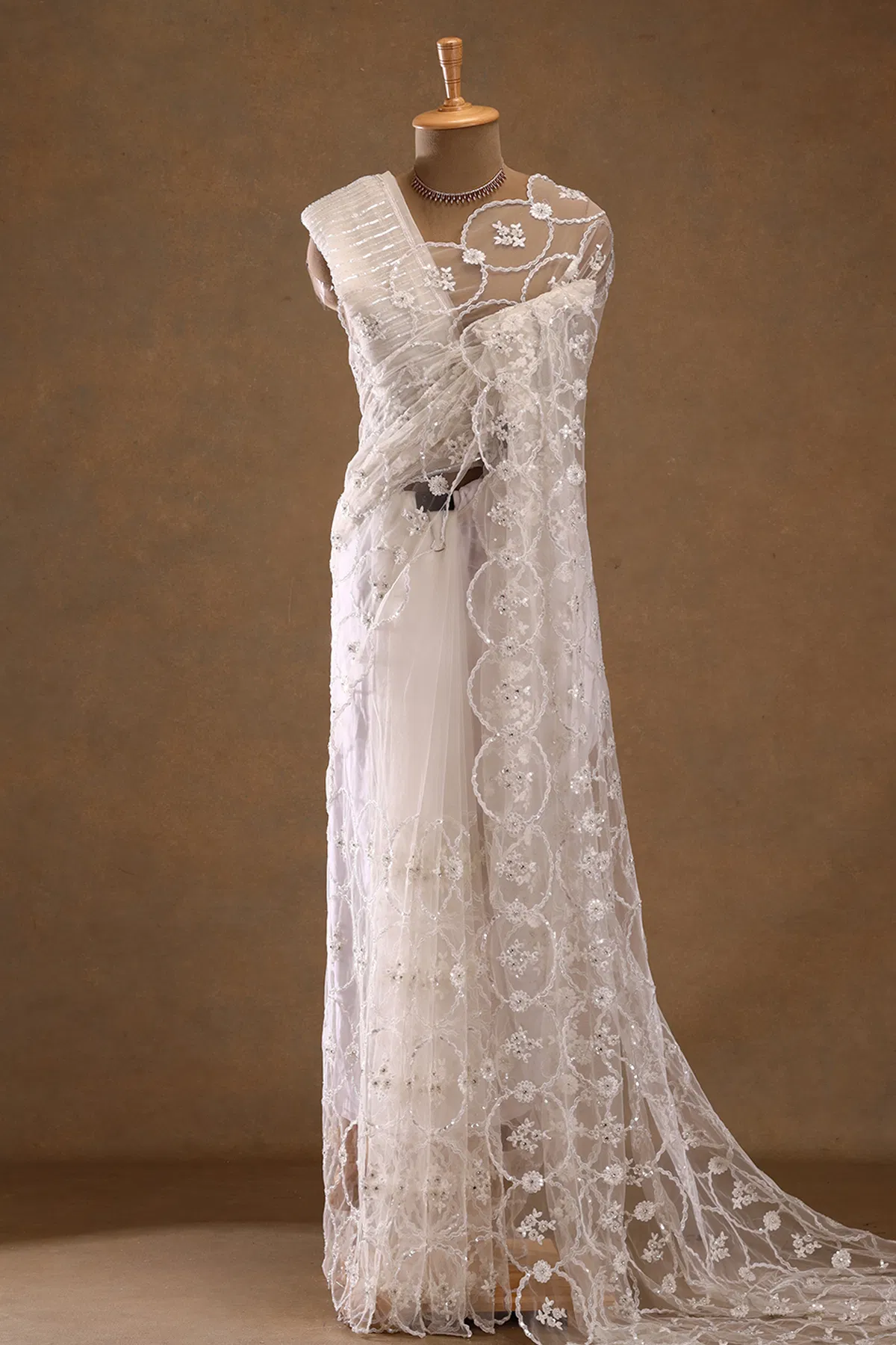 White bead embroidered net designer saree